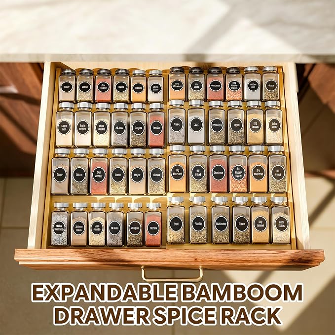 Simple Trending Bamboo Spice Drawer Organizer, 4-Tier Expandable Drawer Seasoning Storage Insert, Kitchen Spice Rack for Cabinet, Countertop (Jars not included, From 12.25" to 21.65" Wide)