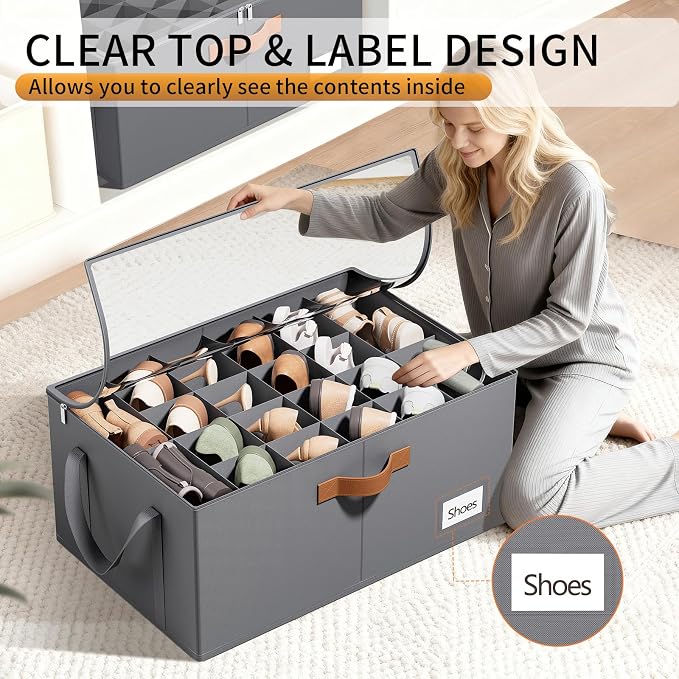 Shoe Organizer for Closet, Fits up to 40 Pairs, Gray, 2 Pack | Space Saving, Clear Cover, Reinforced Handles, Stackable & Foldable Fabric Shoe Storage Organizer Box for Entryway, Bedroom