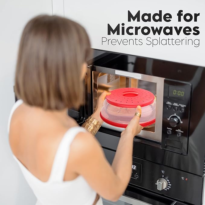 Microwave Cover for Food, Collapsible Microwave Splatter and Plate Covers Easy Grip Lid and Food Strainer, BPA Free and Dishwasher Safe, 10.5", Red - By Rampro