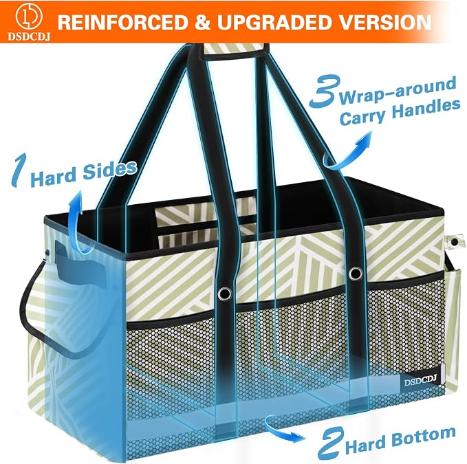 Extra Large Utility Tote Bag with Reflective Strip, Standing Reusable Grocery Bags with Hard Bottom, Collapsible Utility Tote with Handles for Shopping, Beach, Picnics, Car, Striped Gray