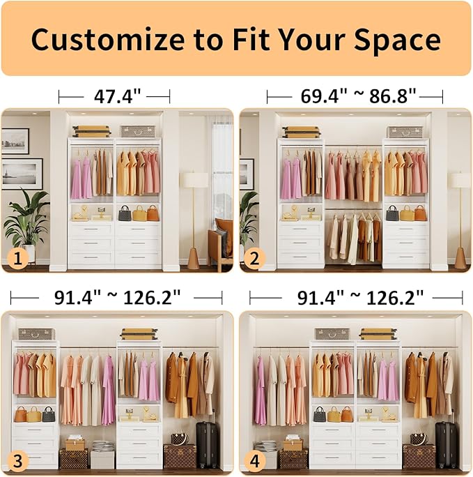 Closet System with 2 Sets, 4FT-10FT Customizable Closet Organizer System with 6 Wooden Drawers & 2 Shelves & 4 Hanging Rods, Walk-in Closet or Freestanding Tower Closet Storage System, White