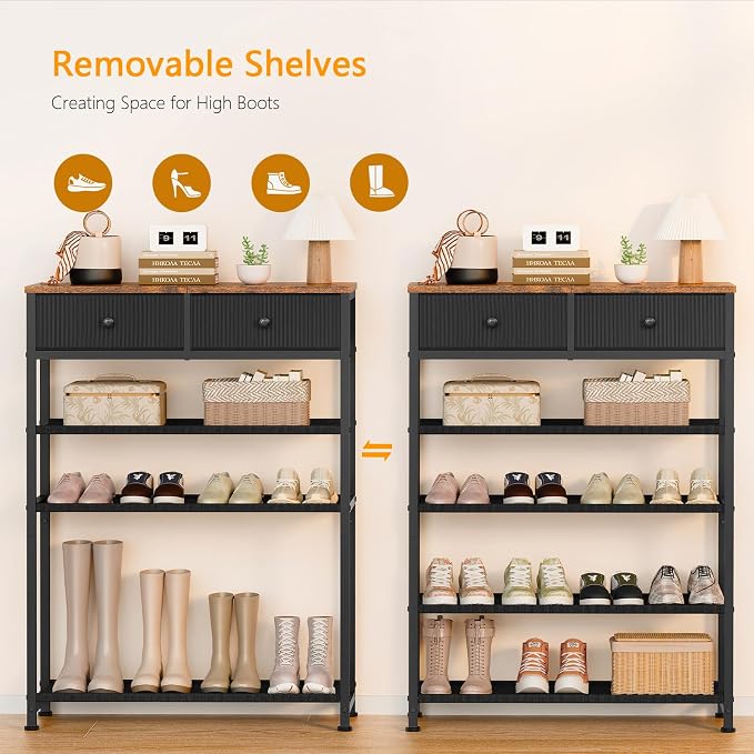 usikey Shoe Rack, 5 Tier Shoe Storage Organizer with 2 Drawers, Metal Shoe Shelf for 12-16 Pairs of Shoes, with 4 Oxford Fabric Shelves and Wooden Top, Shoe Stand for Closet Entryway, Black