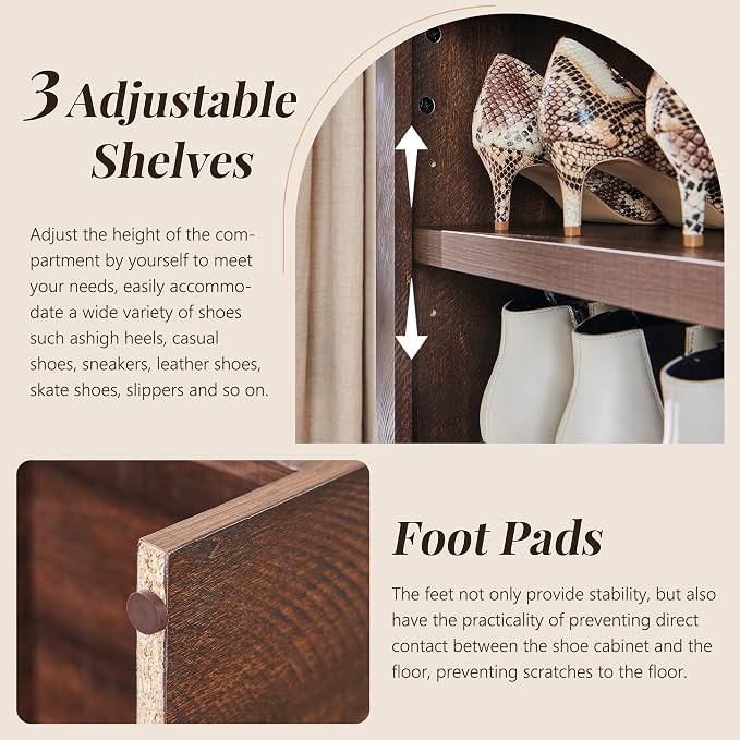 IFGET 67" Tall Arched Shoe Storage Cabinet, 8 Tiers 8 Pairs Wooden Shoe Rack with 3 Adjustable Shelves, Freestanding Shoe Closet Shelf Organizer for Entryway, Hallway, Living Room (Brown)