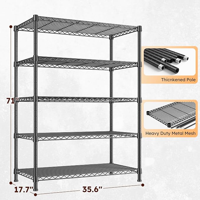 REIBII Storage Shelves 71" H Tall Wire Shelving Unit Sturdy Metal Shelves Adjustable Wide Pantry Shelves 5 Tier Deep Heavy Duty Metal Shelving Load 1500LBS Storage Rack 2 Pack