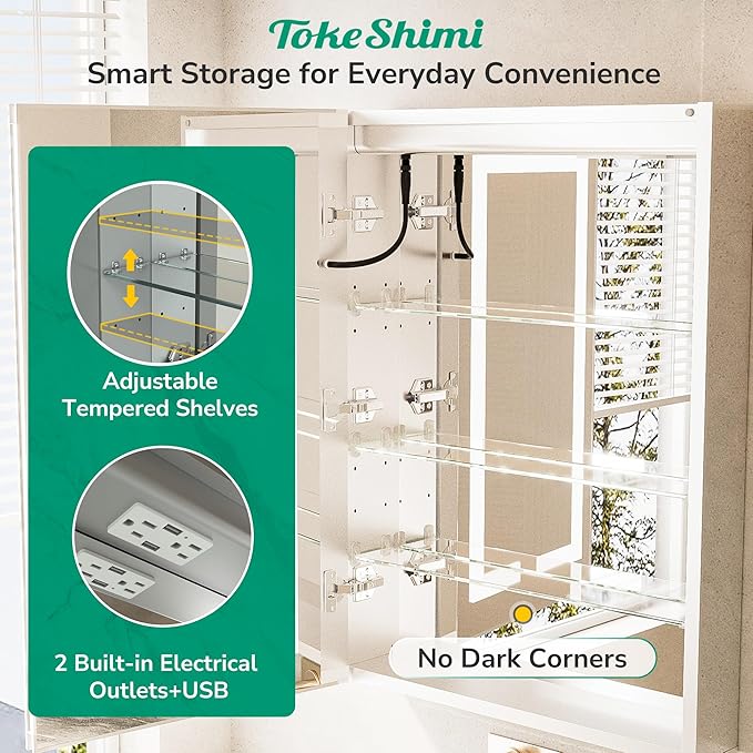 TokeShimi 36x30 Led Mirrored Medicine Cabinet Recessed for Bathroom Vanity, 3 Color Dimmable Medicine Cabinet with Mirror Lighted and Defogger,2-Side Fornt Lit Bathroom Mirror with Storage,2 Sockets