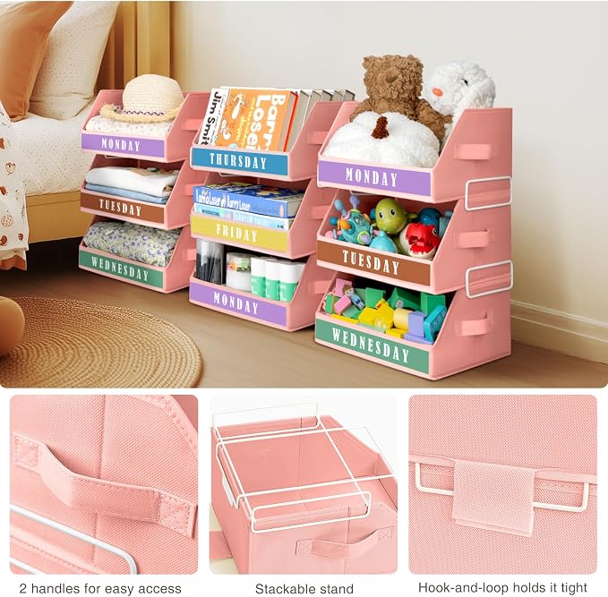 Homsorout Closet Organizers and Storage - 5 Tier Shelf Organizer with Weekly Labels, Stackable Storage Bins with Metal Frame, Foldable Cube Bins, Home Baskets for Kids and Adults, Pink