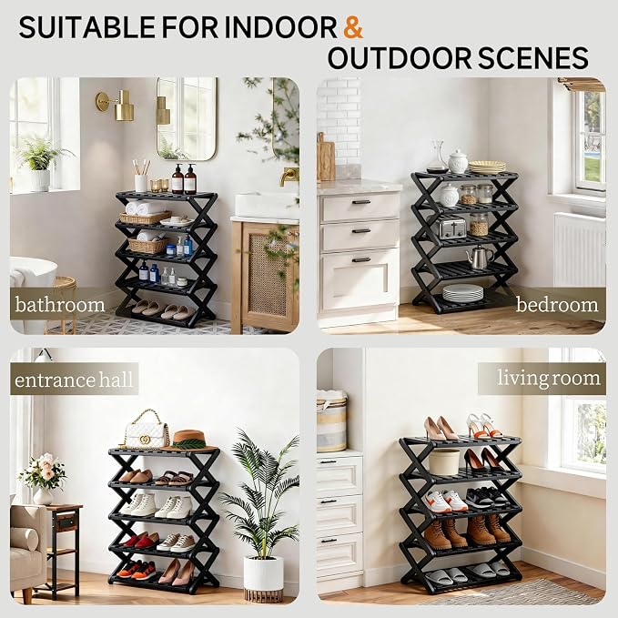 5 Tier Bamboo Shoe Rack Black,Portable Folding Shoe Storage Rack,Without Installation Small Shoe Rack Perfect for Corridors, Drom, Bedrooms and Small Spaces