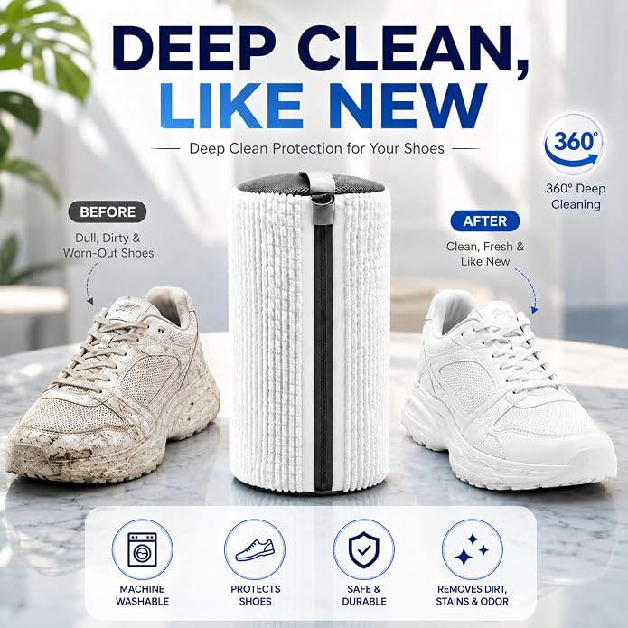 GEWON Shoe Washing Machine Bag for Wash & Dry, 4-in-1 Kit 2 Chenille Sneaker Laundry Bags + 2 Dust Bags, Self-Locking Zipper