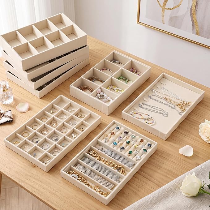 Tondiamo 8 Pcs Velvet Jewelry Drawer Organizer Trays Bulk 11.02 x 7.09 x 1.22 Inch Beige Stackable Jewelry Storage Inserts Set Tray Set with Removable Divider for Earrings Necklaces Bracelets