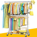 100% Stainless Steel Heavy Duty Clothes Rack Load 860 LBS, Two Tier Rolling Garment Rack with Wheels, Adjustable Double Rod Clothing Rack for Hanging Clothes, Closet Rack for Storage and Organization