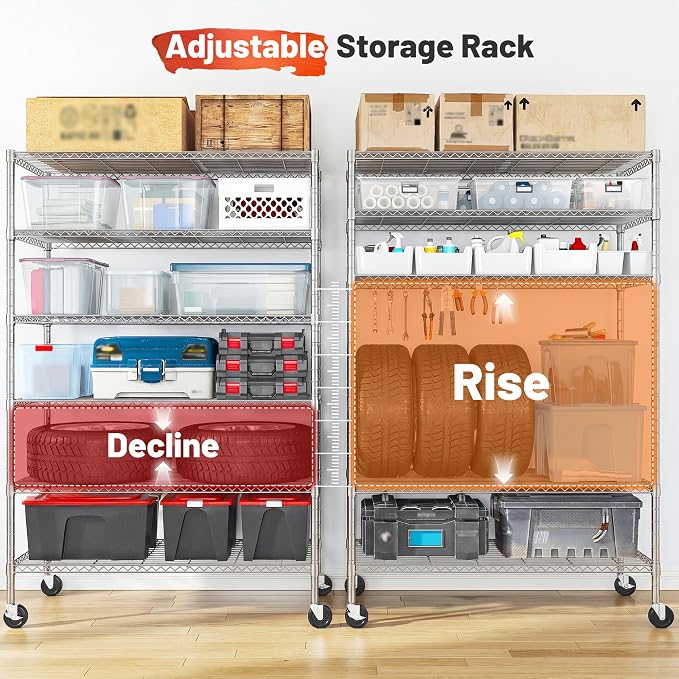 Romorgniz 82" H X45 W X18 D Storage Shelves with Wheels, 6 Tier Wire Shelving Adjustable Metal Shelving Pantry Shelves Capacity 1200LBS for Garage Shelving, Pantry, Kitchen, Commercial, Chrome,3P