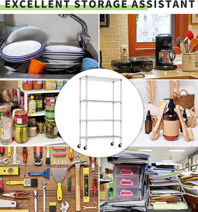 4 Tier Shelving Unit 62" H Adjustable Metal Shelves w/Wheels Heavy Duty Storage Shelf 1400Lb Capacity Garage Shelving Storage Wire Shelving for Kitchen, 36" L x 14" D x 62" H, Chrome