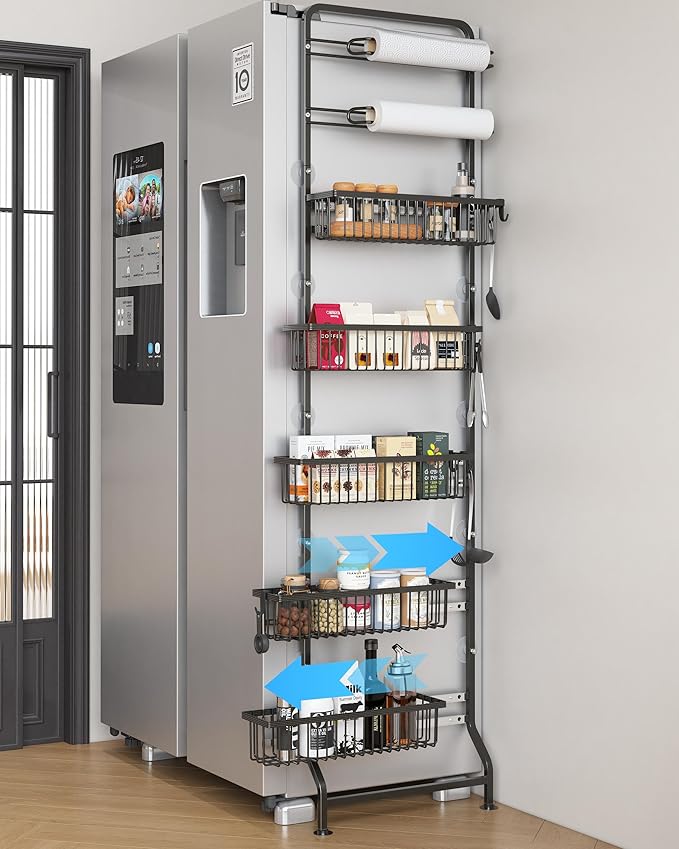 UMDONX 7-Tier Over The Door Storage Rack with Pull-Out Baskets and Sliding Shelves, Suitable for Kitchen, Bathroom, and Laundry Room, Black