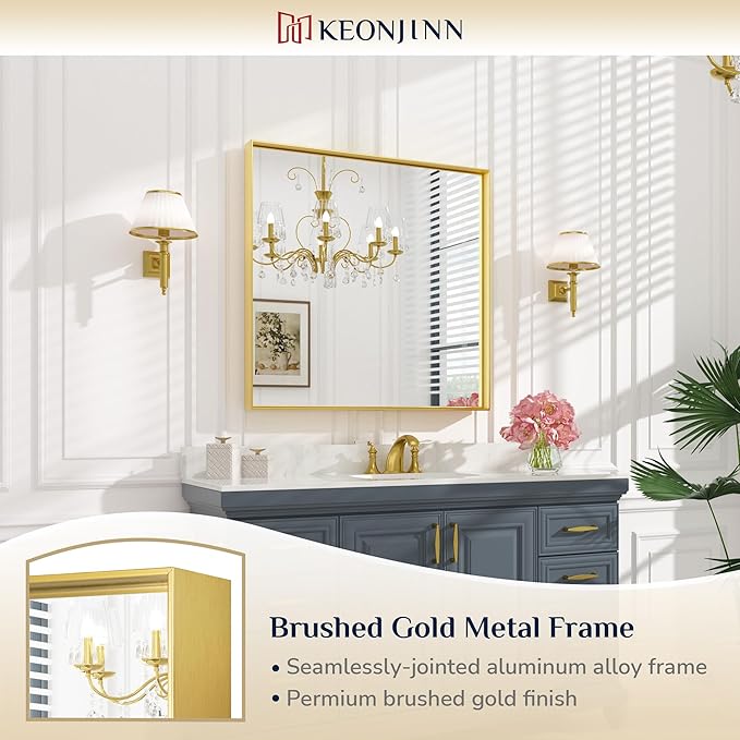 Keonjinn 30 x 30 Inch Gold Bathroom Mirror for Over Sink Square Wall Mirror Brushed Gold Metal Framed Mirrors, Modern Farmhouse Rectangle Mirrors with Aluminum Alloy Frame(Horizontal/Vertical)