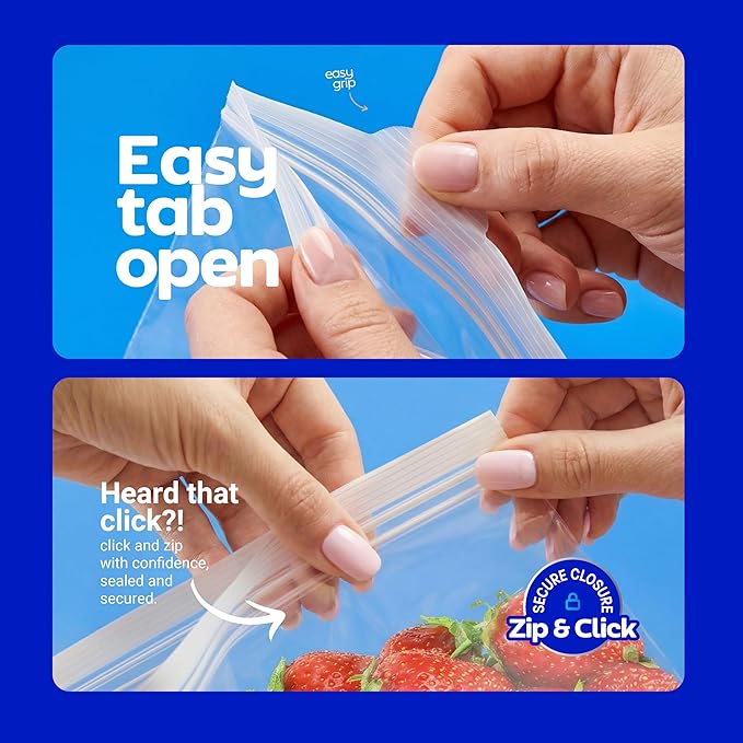 Double Zipper Storage Bags - Quart Size - 300 Count, (4 Packs of 75), Reusable Thick Food Storage Bags - Microwave-Safe, Zero BPA - Resealable Containers for Lunch, Snacks, Meals