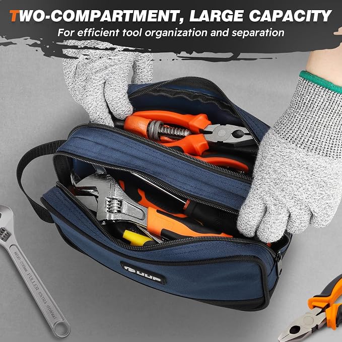Tool Bag 2-Pack 12" 10", Divider Zipper Pouch, Small Tool Box Organizer | Waterproof, Heavy-duty Oxford, Smooth Zipper, Handle & D-Ring, Storage Case for Car Work Tool. Electrician Gift, Orange/Blue