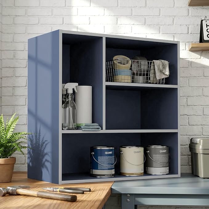 Homes: Inside + Out Apexa 4-Vertical Storage Organizer Shelves, Stackable Wood Bookcase for Organization, Dorm Teen Room Decor & Home Office, Steel Blue