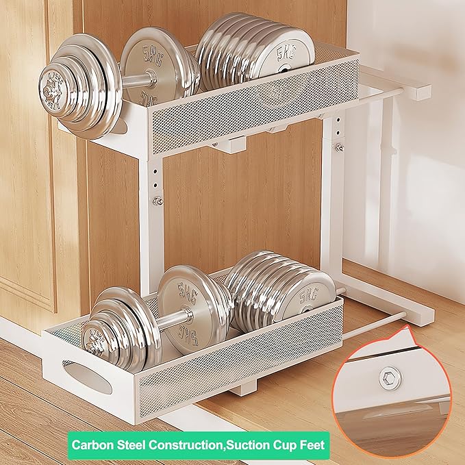 1 Pack Under Sink Organizer and Storage, 2 Tier Pull Out Sliding Cabinet Shelf, 5-Level Height Adjustable Thickened Carbon Steel Storage Rack for Kitchen Bathroom Cabinet, White