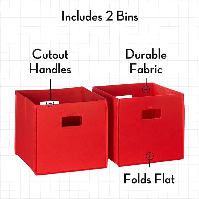 RiverRidge Kids Bookshelf with Veggie Storage and 2 Open Shelves and 2 Red Fabric Bins - Kids Storage Organizer, Toy Shelf & Book Shelf with Deep Veggie Bin and Top Toy Display Area