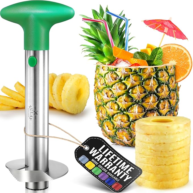 Zulay Kitchen Stainless Steel Pineapple Corer & Slicer – Heavy Duty Pineapple Cutter & Eye Removal Tool – Effortless Core Remover Tool with Sharp Reinforced Blade & Ergonomic Handle - Green