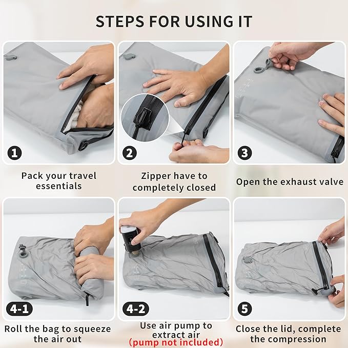 4 Set Vacuum Bags for Travel, Professional Reusable Organizer Bag with IPX8 Waterproof Zipper, Compression Bag for Suitcases, Durable Seal Space Saver Bags -Traveling Essentials (Grey,No Pump)