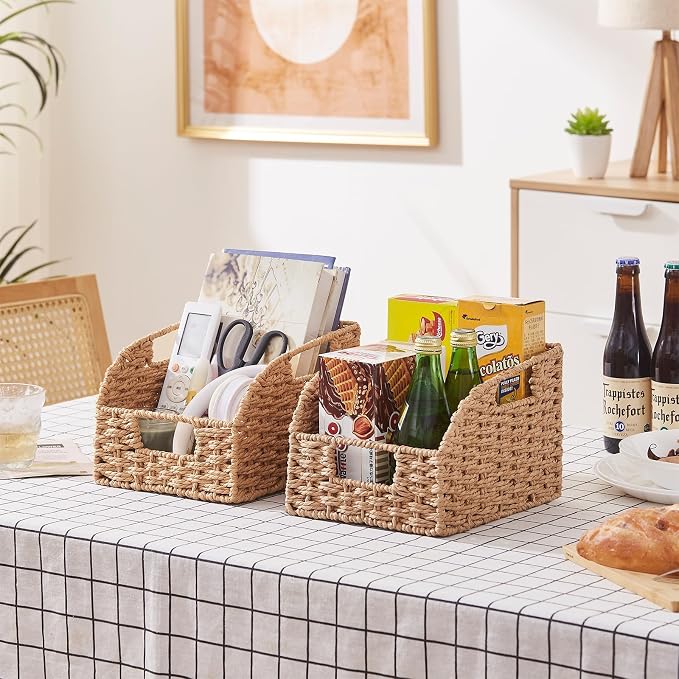 OIAHOMY Pantry Baskets for Organizing, Paper Rope Baskets with Built-in Handles, Wicker Storage Bins for Shelves, 2 Pack-Yellow