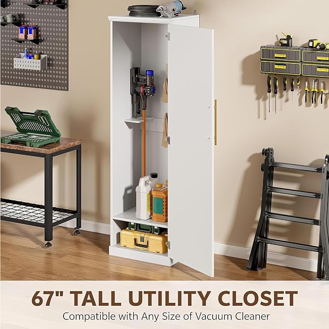 Broom Closet Storage Cabinet, 65" H Slim Utility Closet with Door and Shelf, Tall Vacuum Storage Cabinet with Hooks for Cleaning Tool, Broom Closet Organizer for Bathroom, Garage, White