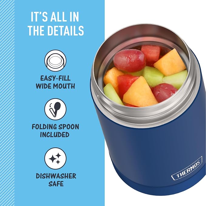 THERMOS FUNTAINER Insulated Food Jar – 16 Ounce, Navy – Kid Friendly Food Jar with Foldable Spoon
