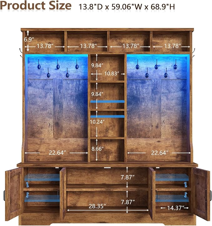 CSZZD Hall Tree with Bench and Shoe Storage, Farmhouse Entryway Bench with Coat Racks and Led Lights, Large Hall Tree with 12 Coat Hooks, 8 Storage Cubbies, Adjustable Shelf