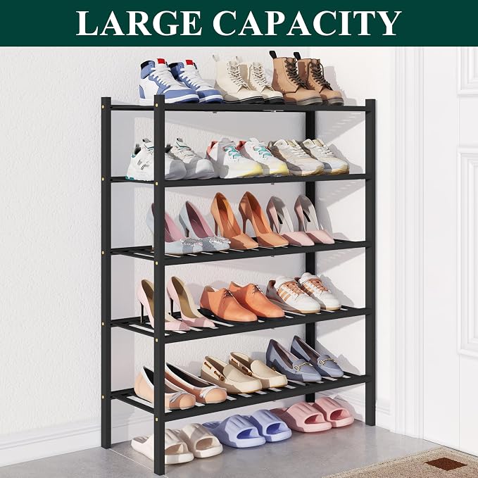 Smiry Bamboo Shoe Rack for Closet, 5 Tier Wooden Shoe Organizer, Stackable Wood Shoe Storage Shelf for Entryway, 14 Vertical Slats, 2+3 Stack Heavy-Duty Legs, 26.77"x11.02"x31.3", Black