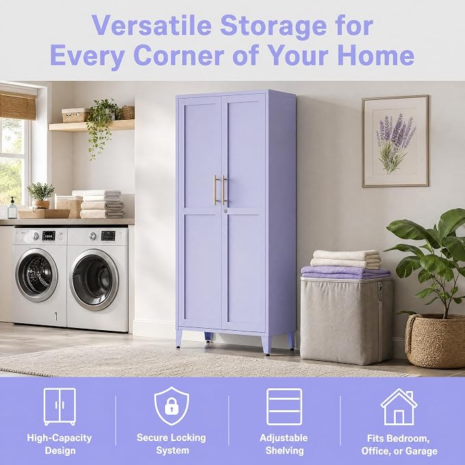 Lockable 61 Inch Tall Metal Storage Cabinet with Adjustable Shelves,4-Tier Steel Storage Locker,2-Door Metal Display Cabinet for Bedroom,Living Room, Home Office Purple