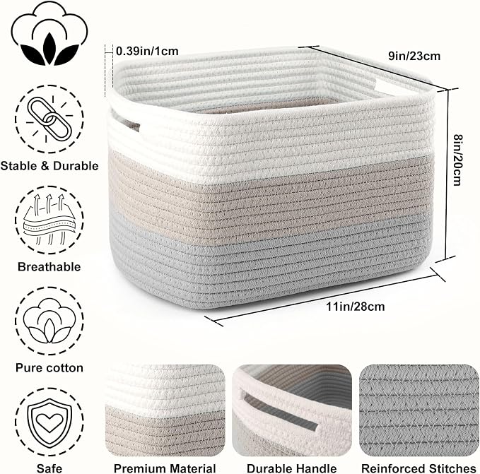 4 Pack Storage Baskets for Organizing, 11''Lx9''Wx8''H Woven Baskets for Storage Toys, Towels, Books, and Clothes, Cotton Rope Basket for Shelves with Handle White & Brown