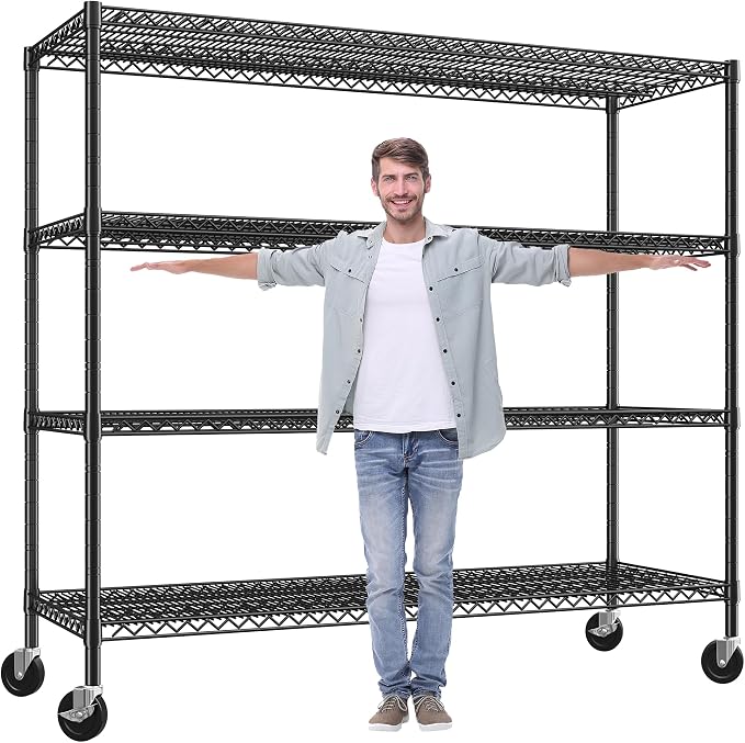 REIBII 60" W Storage Shelves 2878LBS Metal Shelving Unit with Wheels Heavy Duty Garage Shelving Adjustable Wire Shelves for Pantry,Kitchen,Garage,Basement,Business,Warehouse,School,60”W ×24”D×65.3”H