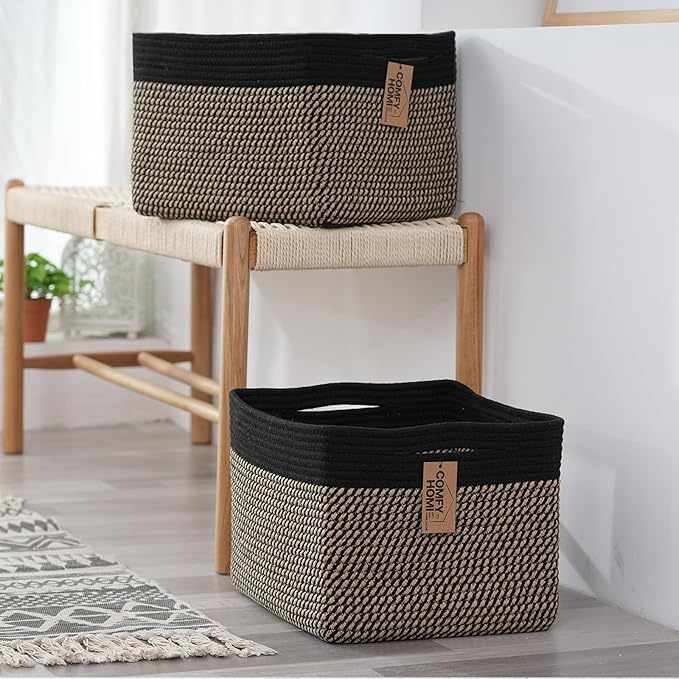 COMFY-HOMI Cotton Rope Woven Basket with Handles for Shelves,Toys,Book, Cloth Storage Baskets Bin for Organizing- 1 PCSToy Decorative Organizer for Living Room, Bathroom