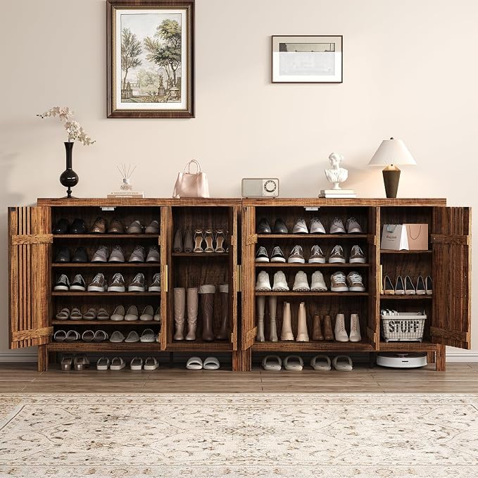 UNIQUITE Shoe Storage Cabinet with 3 Shutter Doors, 30 Pairs Shoe Cabinet with Adjustable Shelves, 5-Tier Large Shoe Rack Organizer for Entryway Hallway Living Room, Walnut