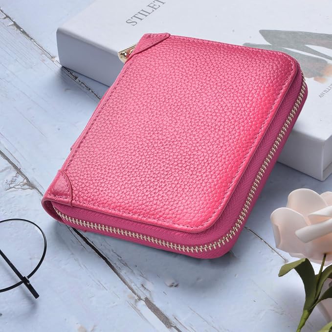 Easyoulife Womens Credit Card Holder Wallet Zip Leather Card Case RFID Blocking (Rose)
