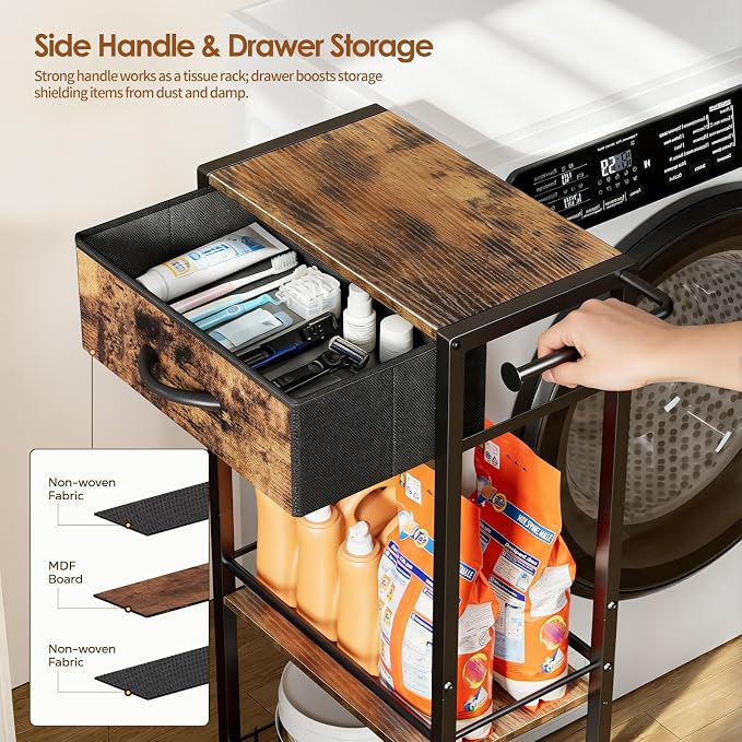 Lewondr Bathroom Organizer and Storage Cart with Drawer, 3-Tier Narrow Rolling Utility Cart with Wood Top and Wheels for Small Spaces, Laundry, Black