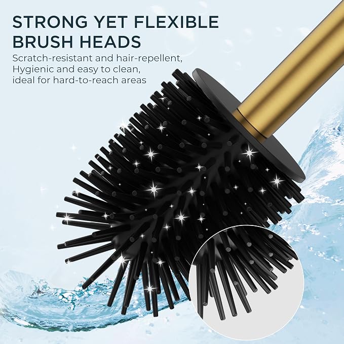 FORIOUS Toilet Brush and Holder,2 Toilet Bowl Brush Head Square Medium Gold | Heavy Duty 304 Stainless Steel Base, Silicone and Plastic Brush Heads, Long Handle for Deep Cleaning, Drip-Proof