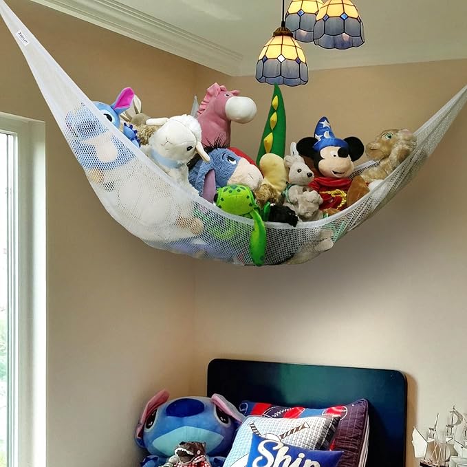 Toy Hammock for Stuffed Animals, 80" Jumbo Strong Mesh Toy Organizer with Metal Hooks, Extra Large Triangular Hanging Storage Net White (Toy Hammock)