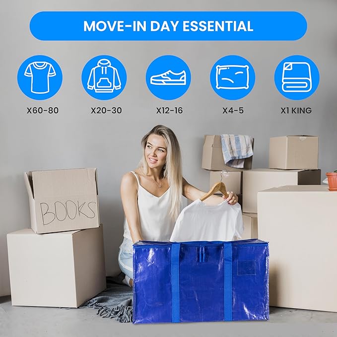 Simple Deluxe 6 Pack Extra Large Moving Bags with Lids, Reinforced Handles and Zippers, Heavy Duty Storage Tote for Moving Travel Camping Space Saving, Blue