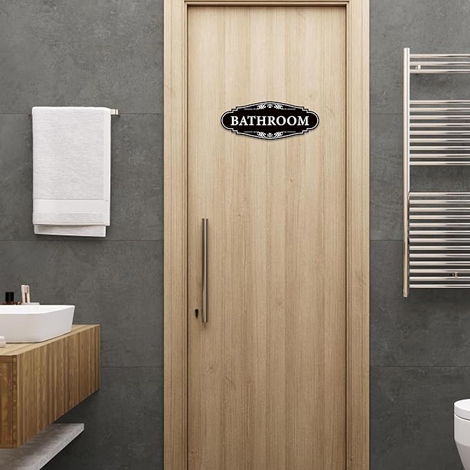 Bathroom Sign Sticker for Business and Home,Self-adhesive Restroom Sign | Cute Bathroom Decor for Door,Waterproof Vinyl Restroom Sign for Home,Office,Shop（Black）
