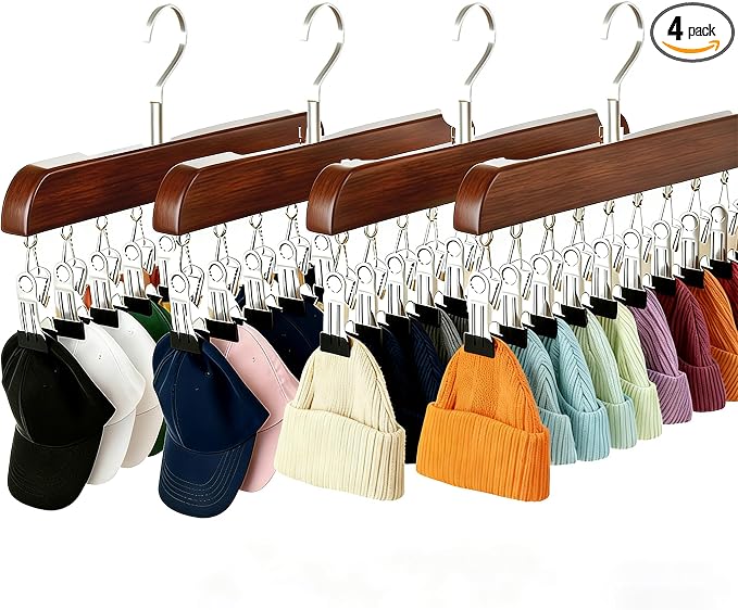 4 Pack Hat Hangers for Closet Display, Wooden Hat Storage Organizer with 40 Metal Clips for Baseball Caps, Summer Hat Rack for Beanie, Skullies, Visors, Walnut Brown Color