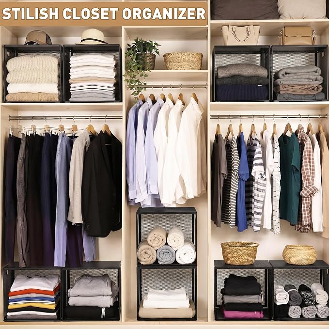 AceOrbit 3 Pcs Widened Stackable Closet Organizers and Storage with Wood Top Foldable Metal Cube Closet Shelf DIY Space Saving Linen Clothes Shoe Bed Sheet Bin for Wardrobe Bedroom(12"x12"x12", Black)