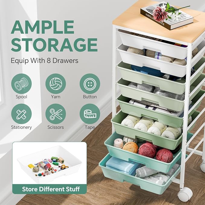 Ekisemio Utility Cart Organizers with Wheels and 8 Drawers, Little Rolling Craft Cart with Wooden Tabletop for Classroom, Office, Living Room, Craft Room, Green