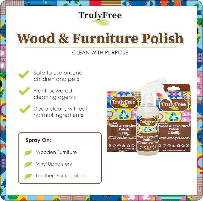 Truly Free Natural Wood Cleaner & Furniture Polish - Leather Cleaner, Vinyl, Furniture & Wood Polish, Helps Remove Water Stain, Unscented - 12 oz Reusable Empty Spray Bottle + One (3 oz) Fill Pack