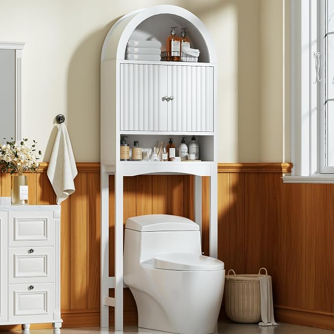 Spurgehom Over The Toilet Storage Cabinet, Bathroom Shelf Organizer Freestanding, Bathroom Arch Cabinet Over Toilet with Fluted Door and Anti-Tipping Device, White