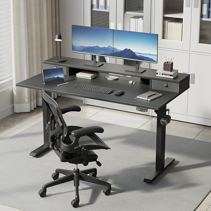 Klicelor 48 x23 Inch Electric Standing Desk with Drawers, Adjustable Height Small Sit Stand Desk for Home Office, Compact Computer Workstation with Storage– Black