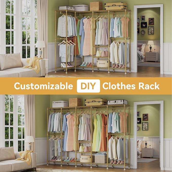 Higeego H5 Large Wire Garment Rack, Heavy Duty Clothes Racks, Wardrobe Closet Rack for Hanging Clothes, Freestanding Clothing Racks with Adjustable Shelf, 93.3" Wx15.7 Dx75.4 H, Gold, Load 1400 lbs