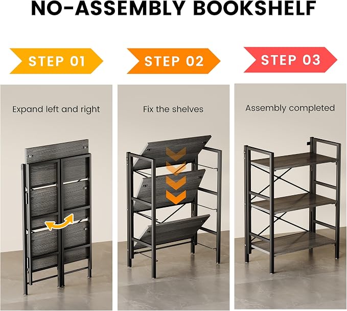 Homeiju Folding Bookshelf No Assembly, 3 Tier Bookcase Foldable Shelf with X-Bracket Design, Adjustable Feet, Space Saving Storage for Living Room, Office