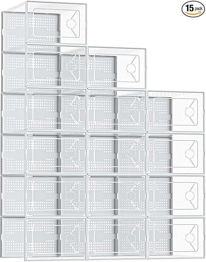 DUMOS Shoe Storage Boxes, 15 Pack Stackable Clear Shoe Containers with Lids, Display Sneaker Case Organizer for Closet, Under Bed, Entryway,White, Fit Size 11